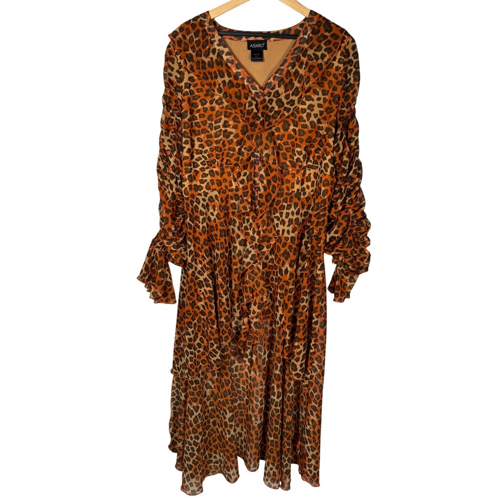 ASHRO Womens 2X Leopard Print Long‎ Sleeve Tunic Top Duster V Neck Ruffle Boho